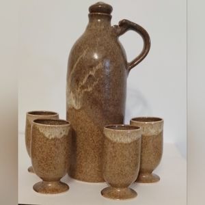 P. Knudstrup Vintage Handmade Elora Pottery Brown Decanter/Barware Set